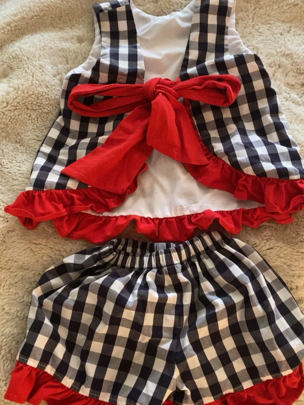 Navy Gingham Two-Piece Toddler Set with Red Ruffle and Flag Smocking